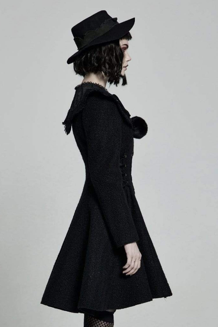 Gothic Fur Collar Fur Ball Long Sleeve Rose Button Coat with Removable Collar