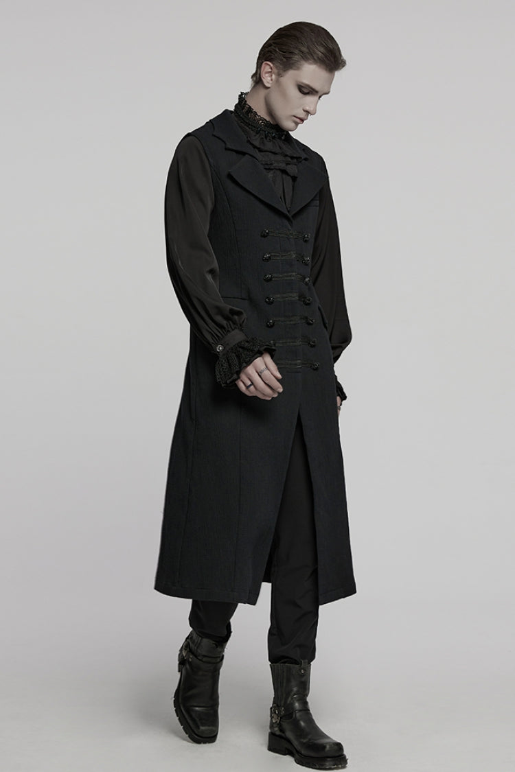 Men's Gothic Long Vest with Batlike Collar & Buckle Detail