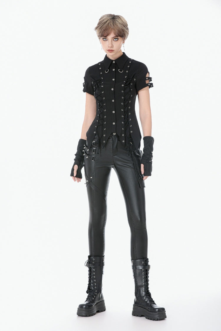 Punk Blouse with Turn-Down Collar and Lace-Up Eyelets