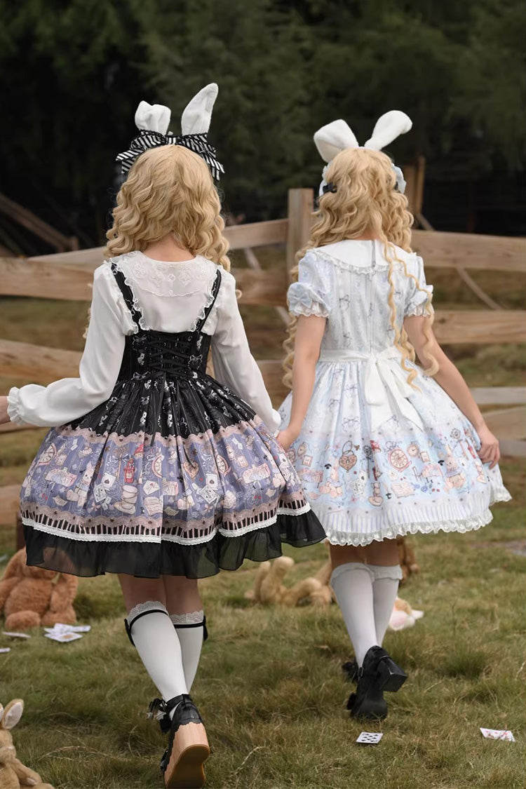 Light Blue Alice’s Fantasy Tale Doll Collar Short Sleeves Printed Bow Sweet Dress