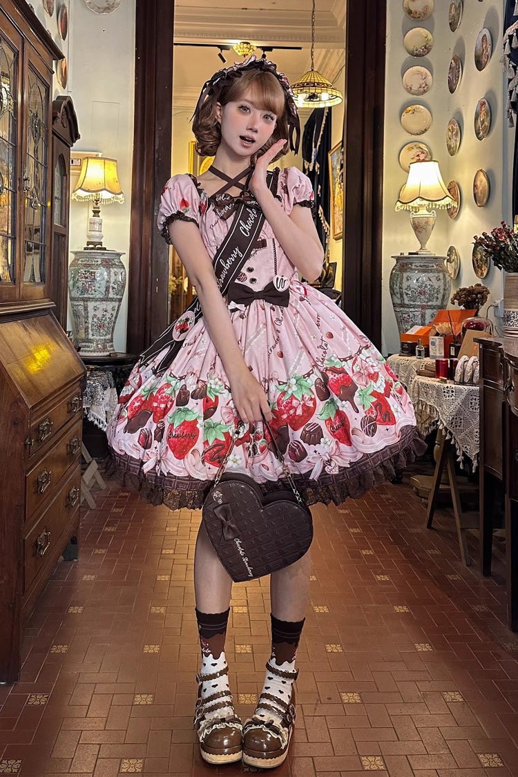 Chocolate Lover Square Collar Printed Bow Lace Sweet Lolita Dress