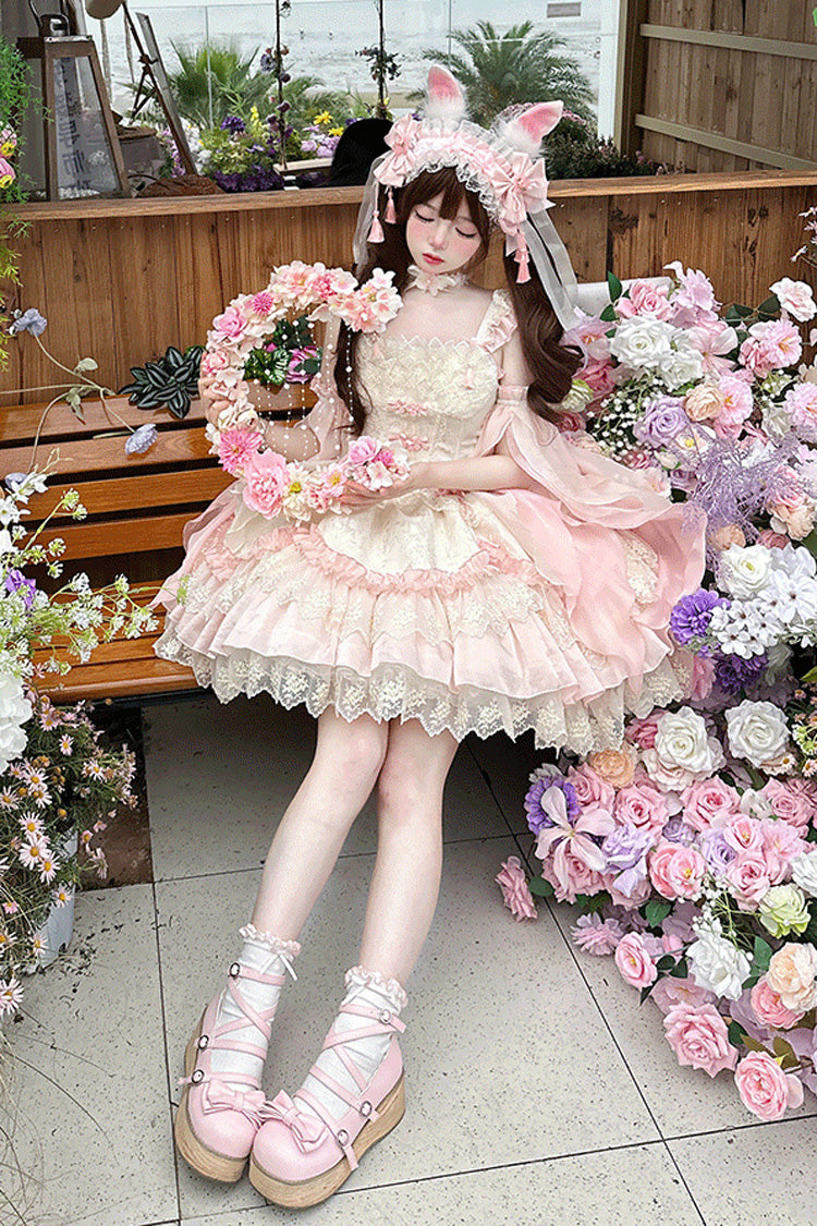 Blush Ruffle Embroidered Bow Chinese Style Elegant Sweet Jumper Dress - Lyrics in the Midst of Flowers