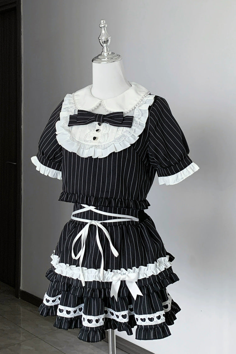 Japanese Skirt Set with Striped Print and Doll Collar