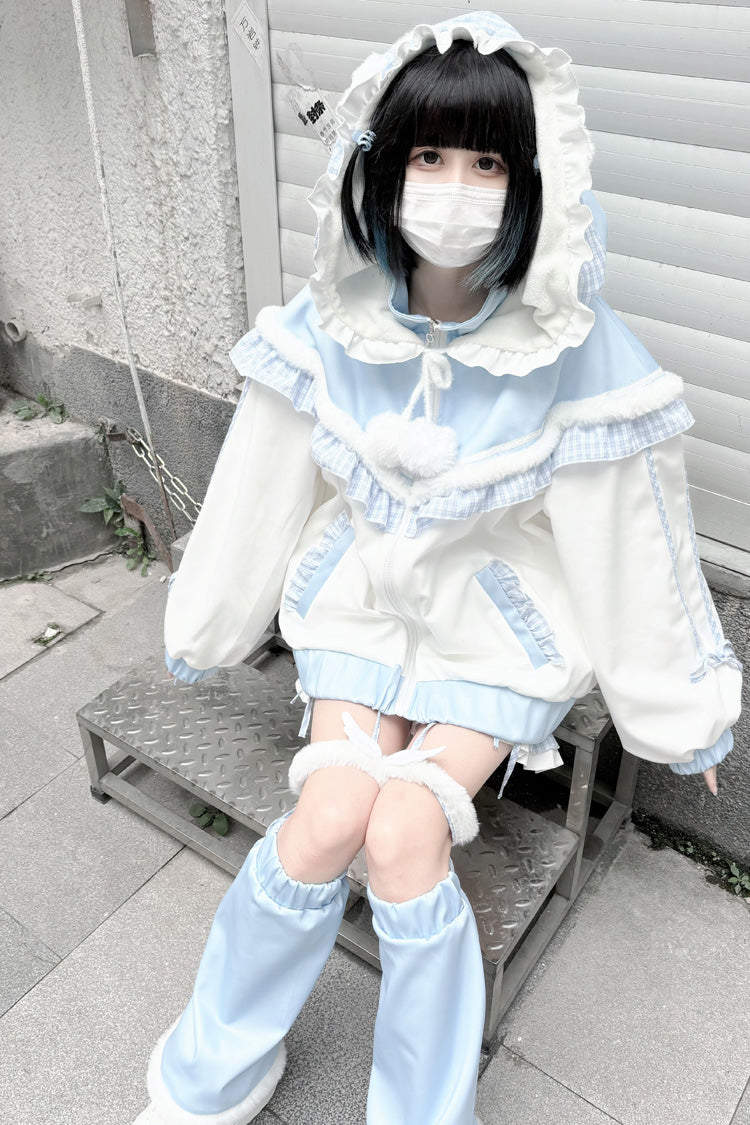 White Blue Long Sleeve Ruffled Hooded Jirai Kei Sports Coat