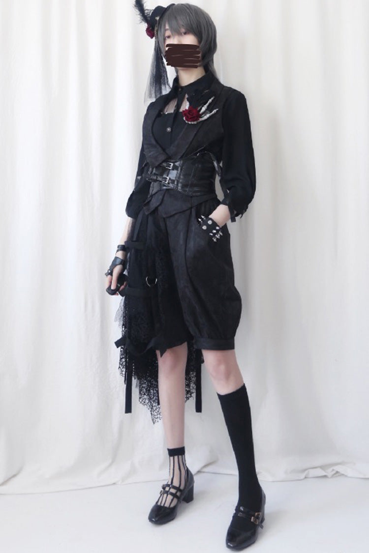 Noir Gothic Ouji Lolita Outfit with Diamond Lace