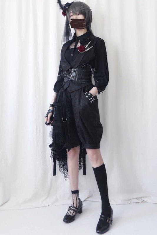 Noir Gothic Ouji Lolita Outfit with Diamond Lace