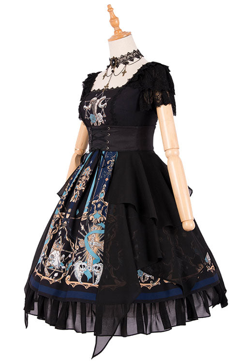 Gothic Lace Ruffle Square Collar Short Sleeve Lolita OP Dress