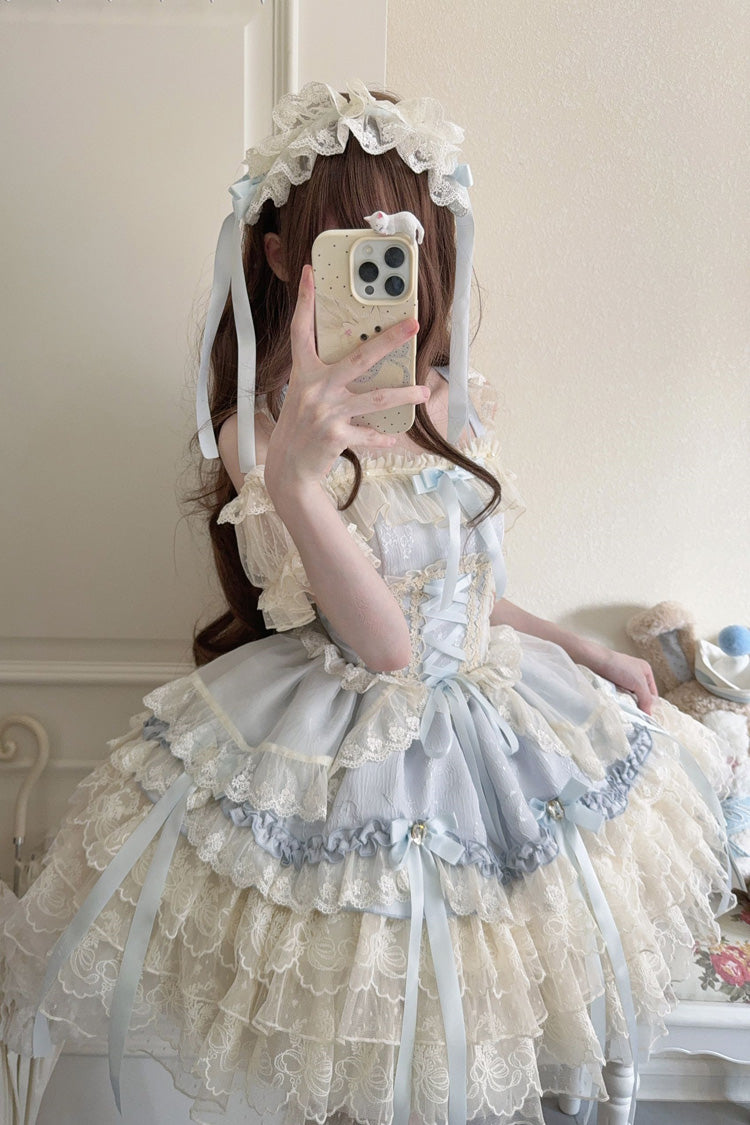 Azure Sleeveless Layered Ruffle Bow Lace Corset Ballet Jumper Dress - Ribbon Heart Love