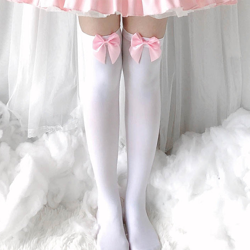 Bow Decor Pure Color Lolita Stockings