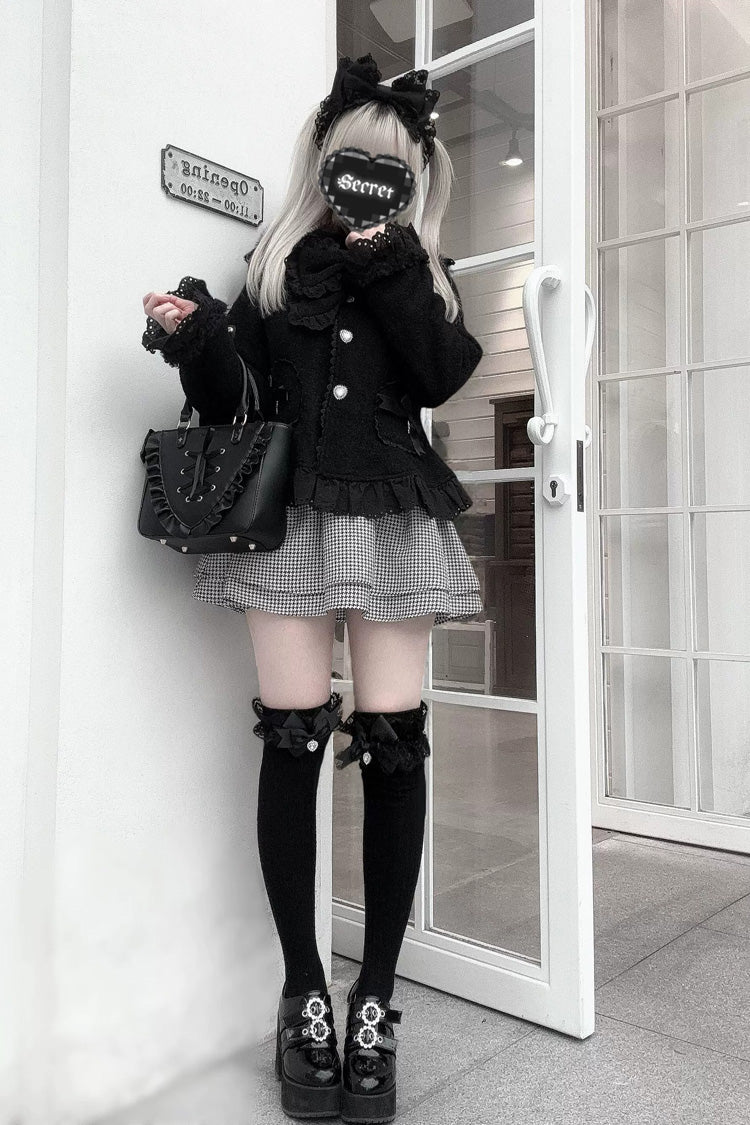 Diamond Strawberry Long Sleeve Bow Lace Pearl-Adorned Sweet Jirai Kei Lolita Coat in Three Colors