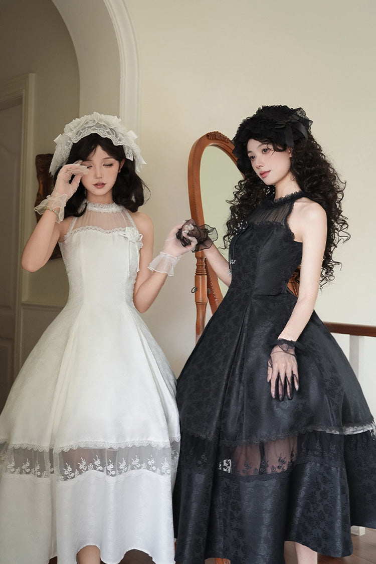 Onyx Off Shoulder Halterneck Printed Ruffle Gothic Elegant Dress - Flowers in the Mist