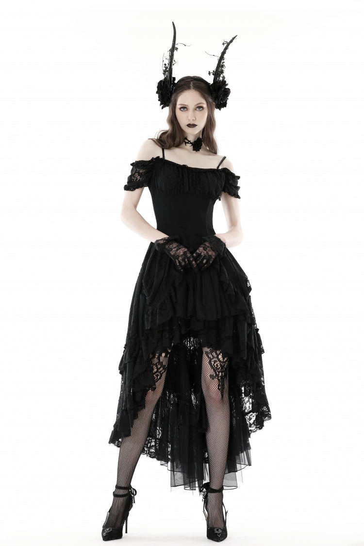 Gothic Dovetail Dress with Off-Shoulder Puff Sleeves & Lace