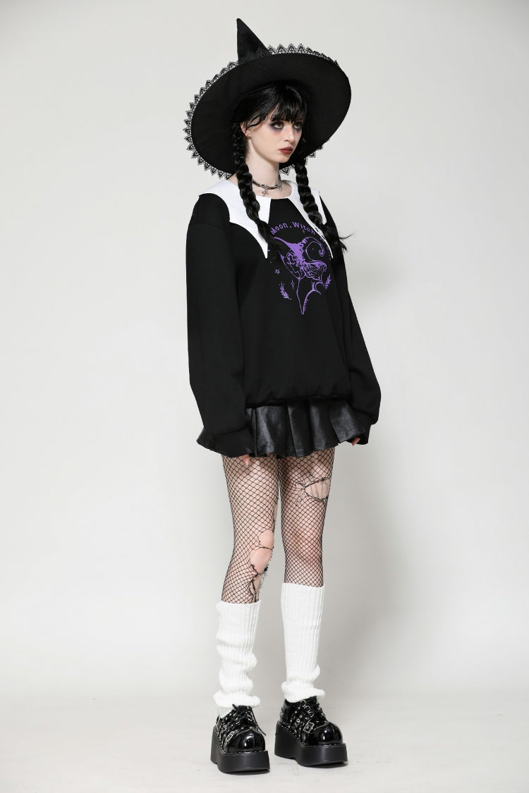 Monochrome Gothic Vintage Sweatshirt with Peter Pan Collar and Long Sleeves