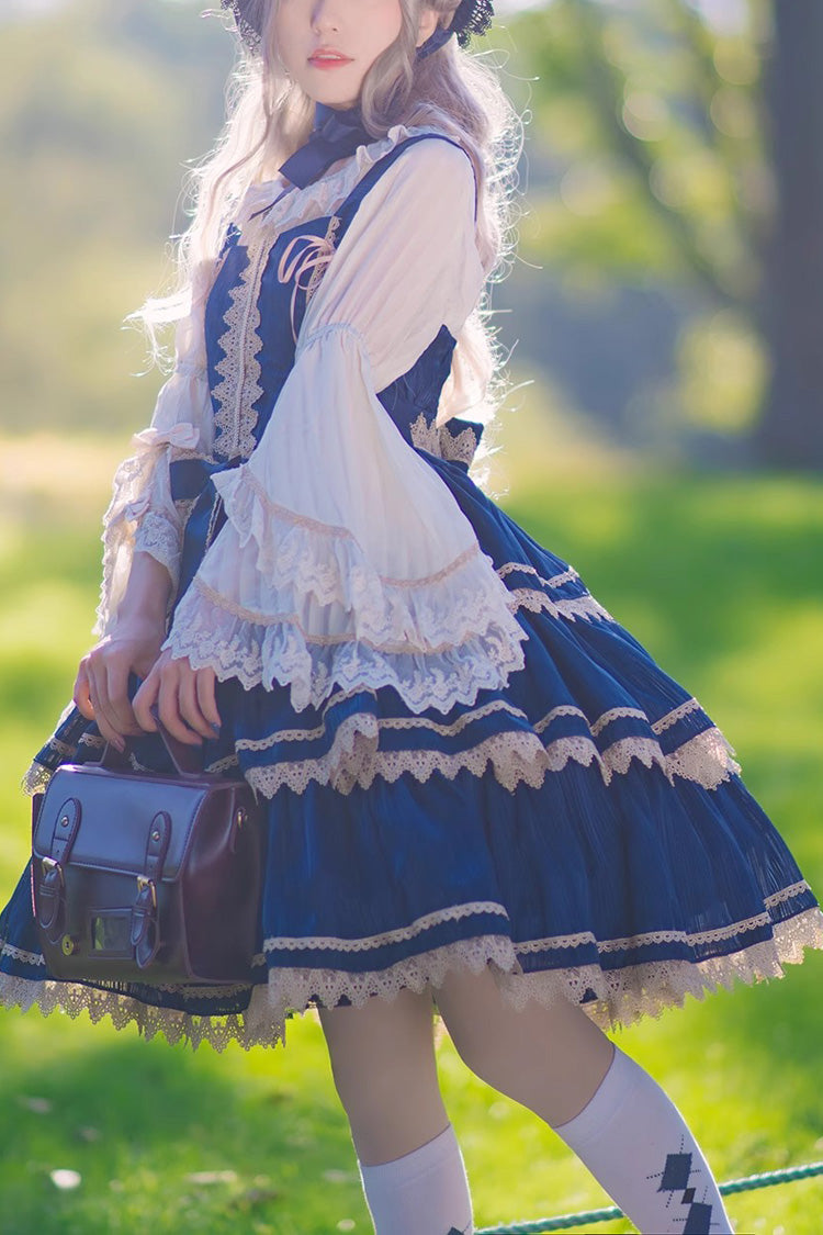 Dark Blue Three-Tiered Sweet Lolita Dress with Ribbon and Sleeveless