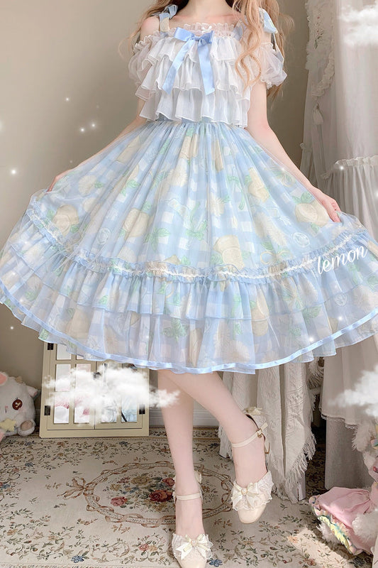 Blue Lemon Sweet Lolita Short Sleeve Print Ruffle Bowknot Jsk Dress