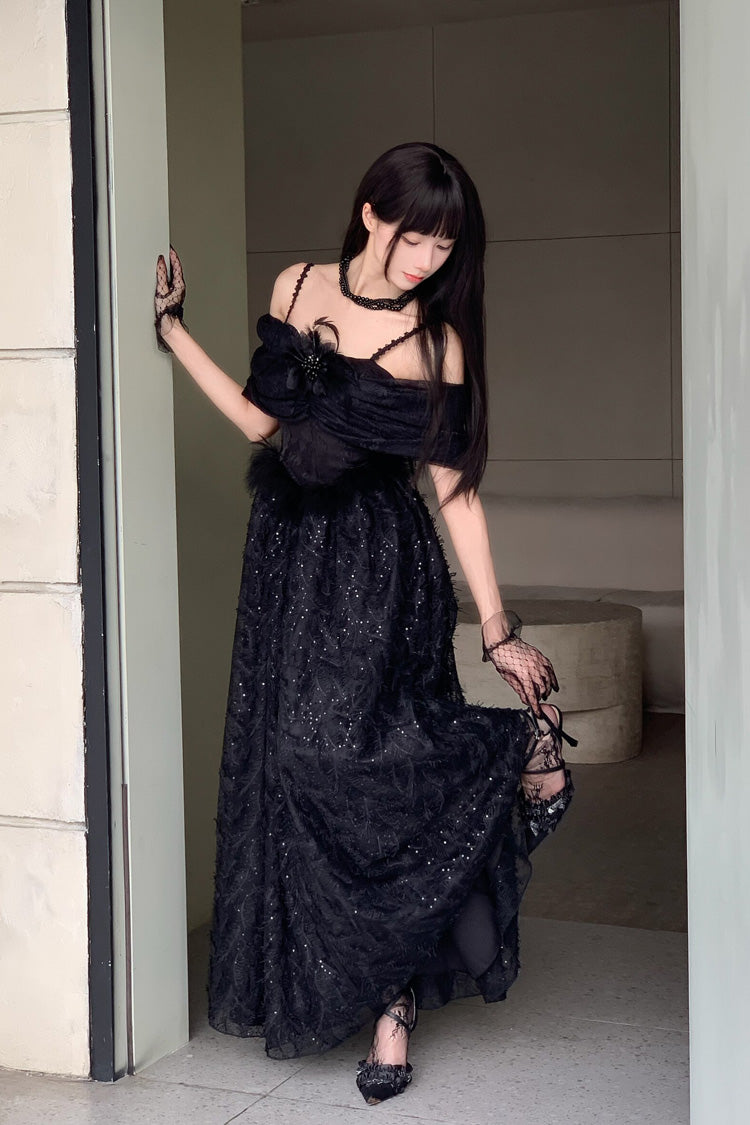 Off Shoulder Jacquard Embroidered Bow Gothic Lolita Jsk Dress - Swan