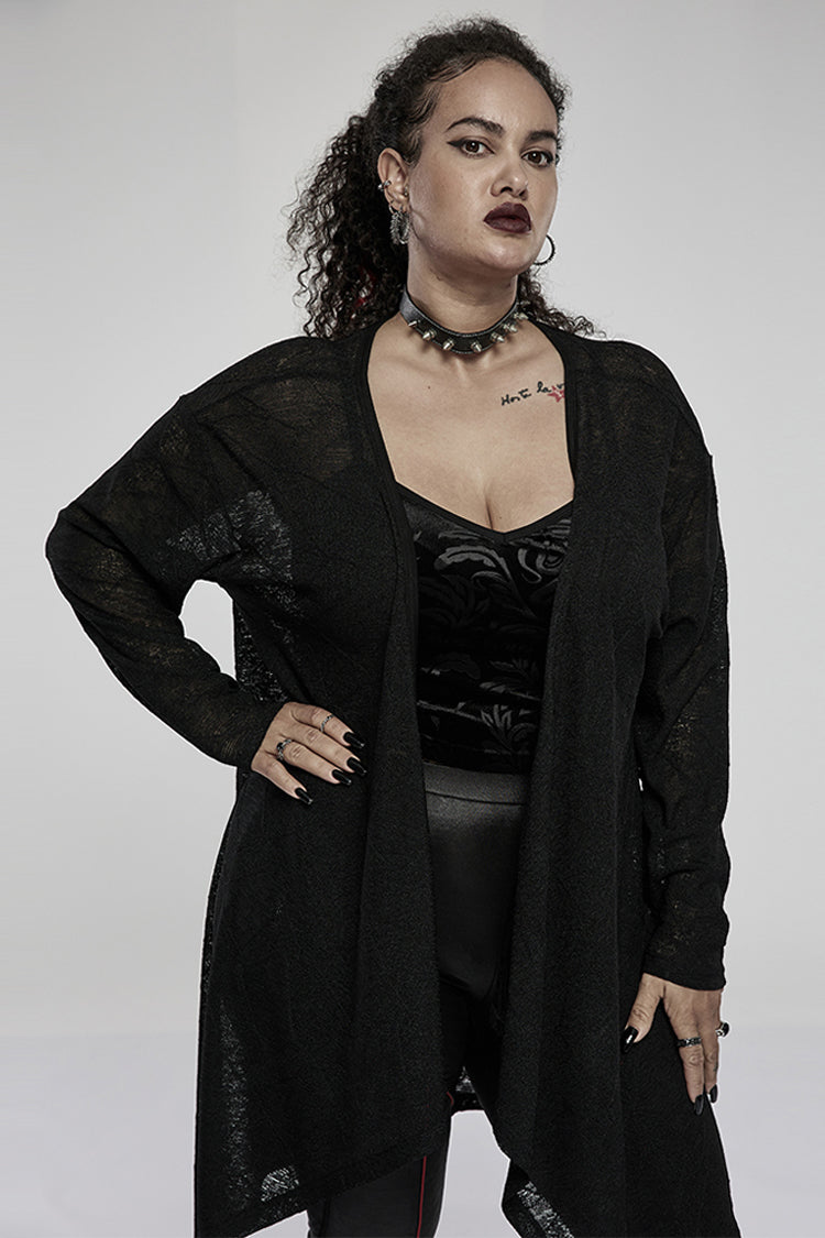 Charcoal Knit Asymmetric Jacket with Skull Back Print - Plus Size Goth