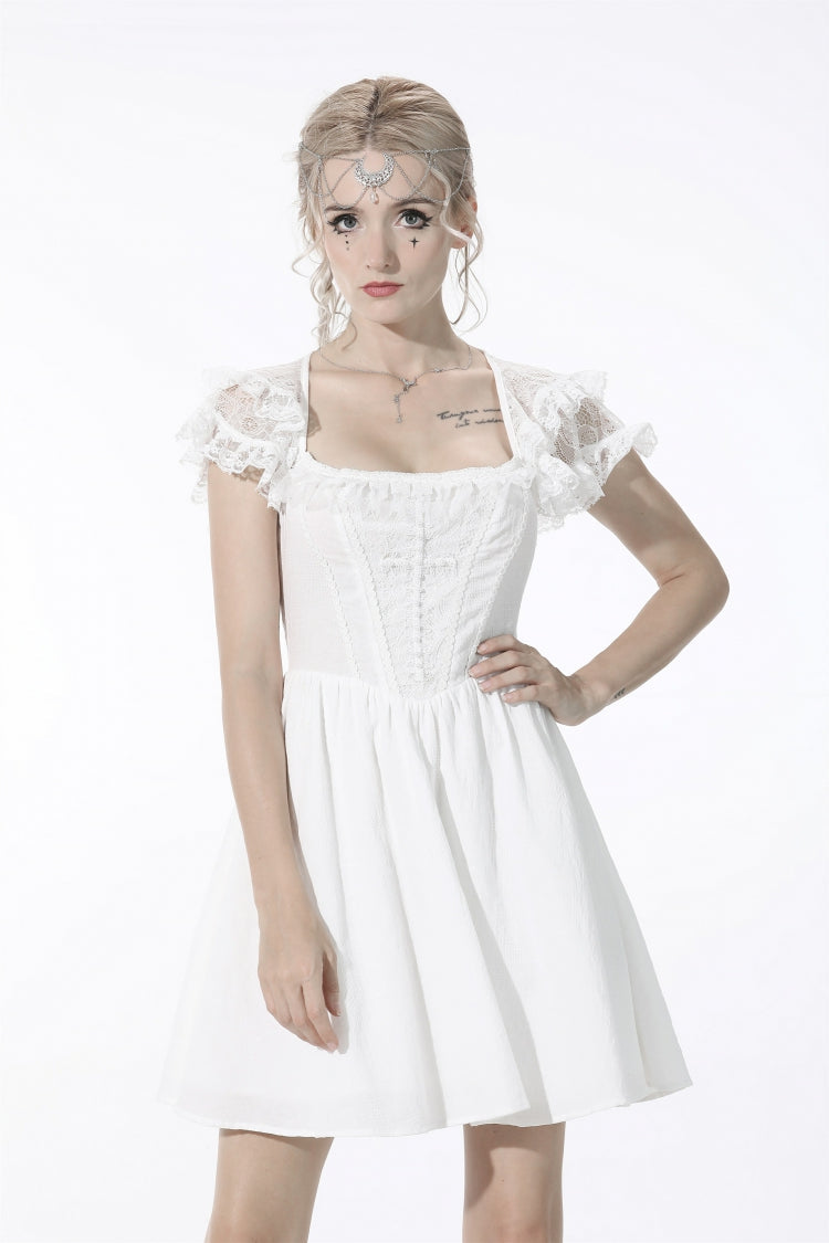 Ivory Layered Lace Square Neckline Strappy Gothic Mini Dress for Women