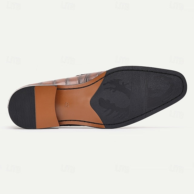 Shoes Leather Pattern Crocodile Classic Dress - Brown Men's