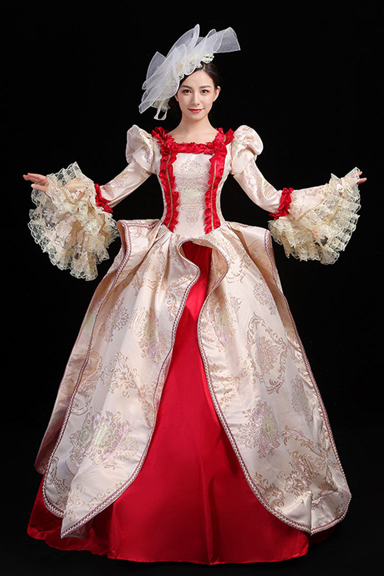 Wine Gown with Golden Stitching and Floral Embroidery - Victorian Lolita