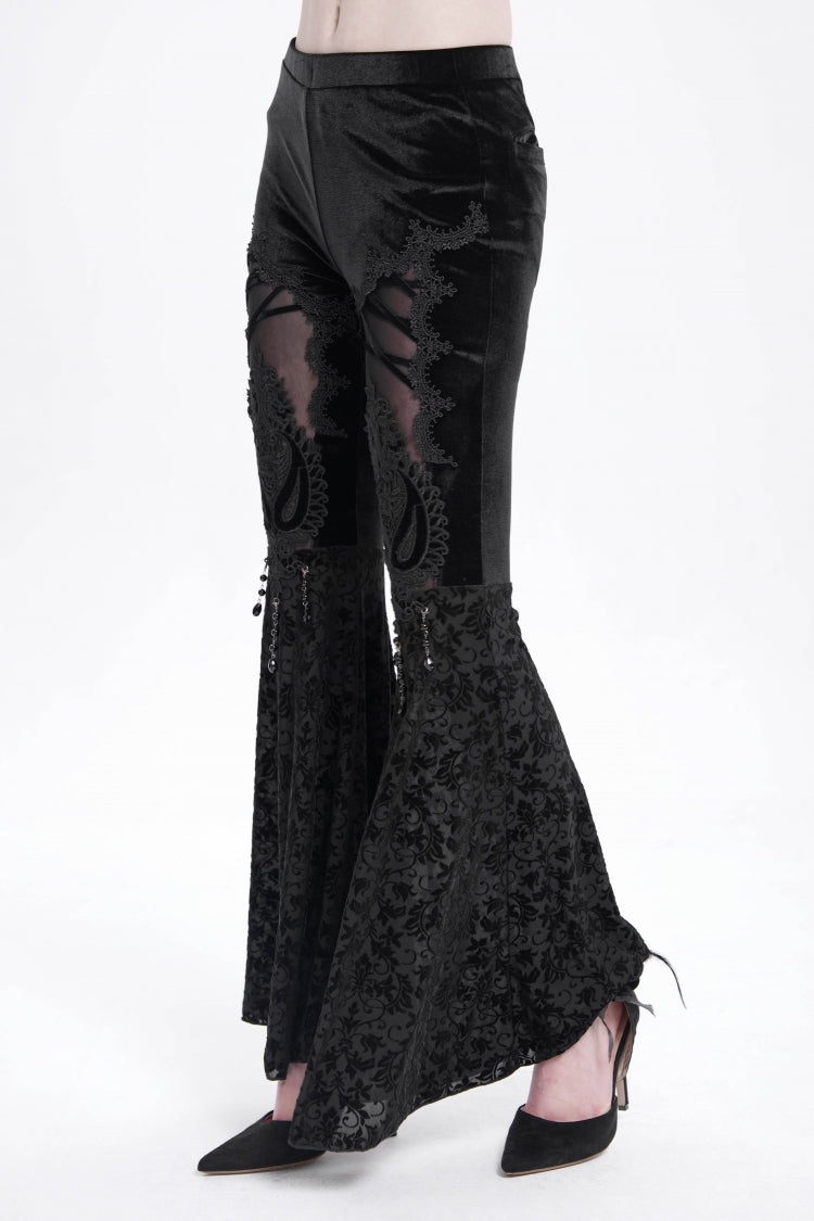 Floral Embroidered Flared Gothic Pants with Cutout Design for Women