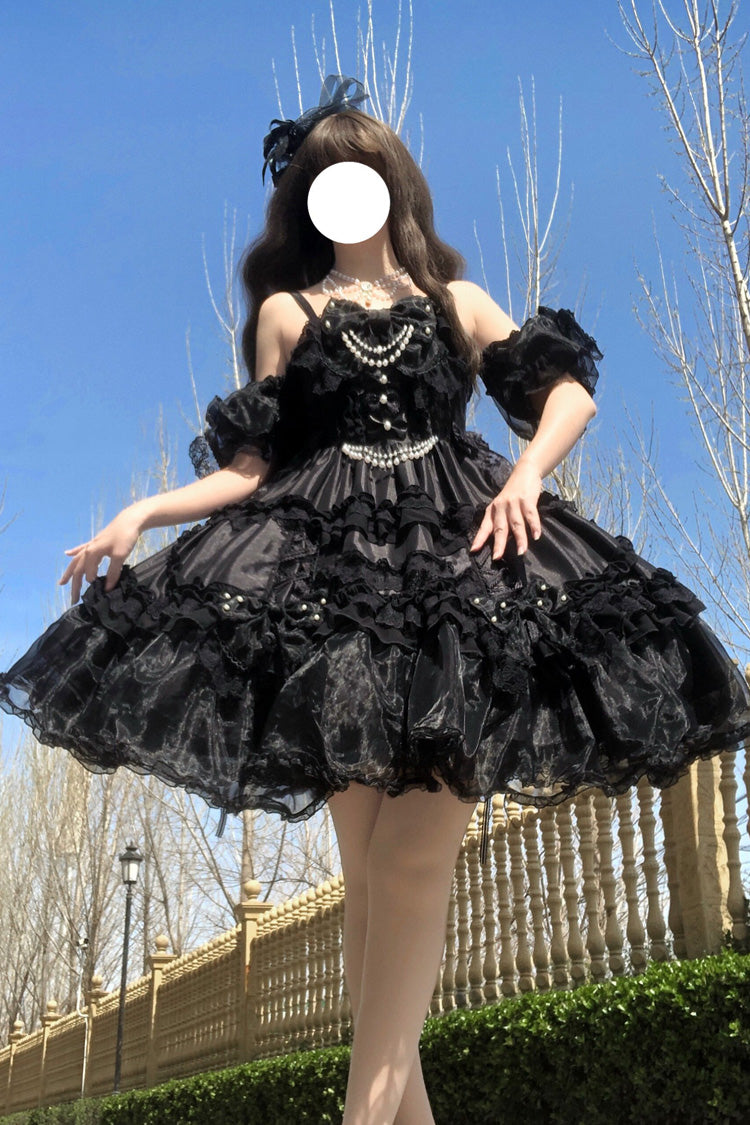 Off-Shoulder Jsk Dress with Multi-Layered Ruffles and Bow