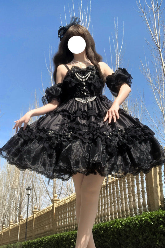 Black [Spring Cherry Snowfall] Off Shoulder Short Sleeves Multi-Layered Ruffled Bow Gothic Lolita Jsk Dress