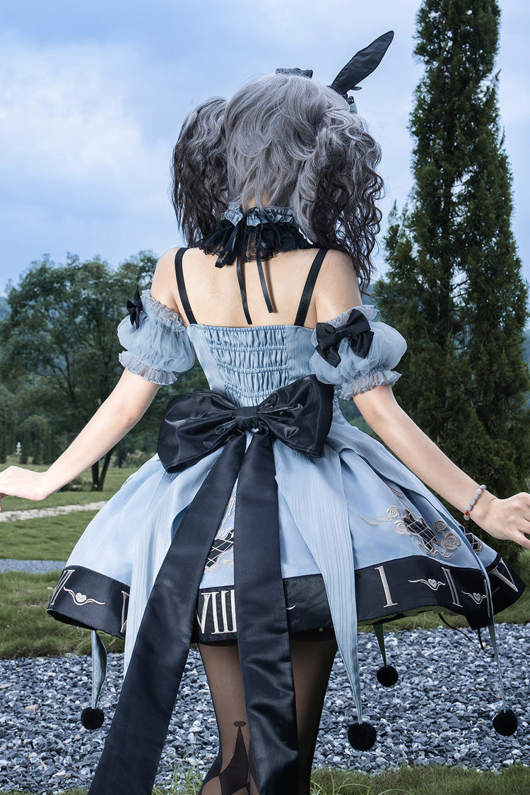 Clock Rabbit Card Game Sleeveless Jacquard Ruffle Embroidered Bow Gothic Jumper Dress