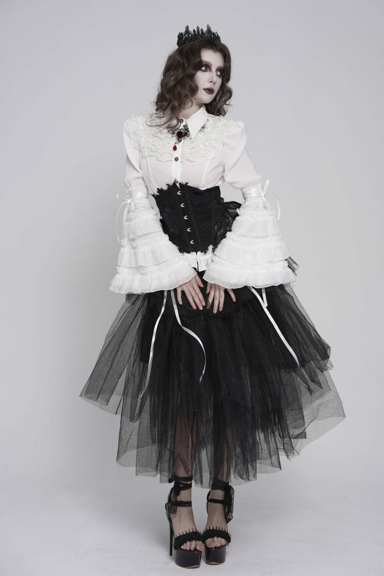 Ivory Slim Fit Women's Gothic Blouse with Trumpet Sleeves and Lace-Up