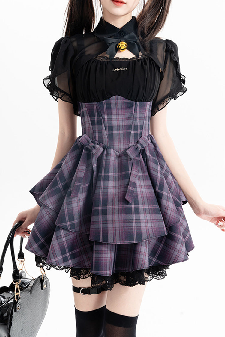 Purple Magic Cat Double-Layered Stripe Print Bow Sweet Lolita Jumper