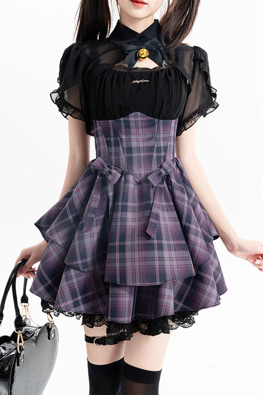 Purple Magic Cat Double-Layered Stripe Print Bow Sweet Lolita Jumper
