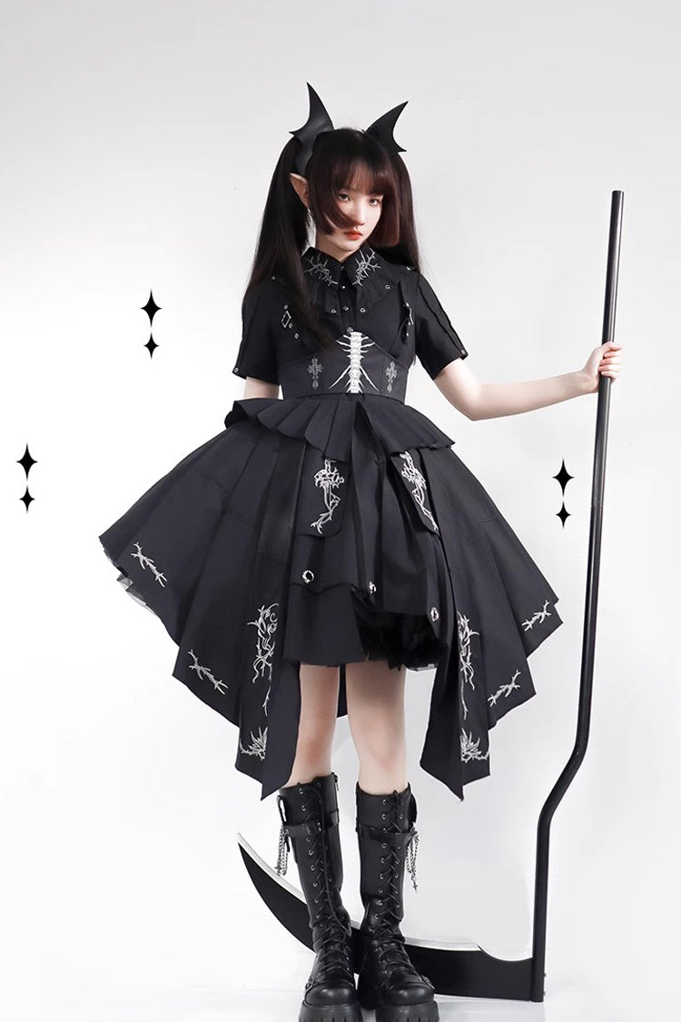 Nocturnal Rose Print Short-Sleeve Elegant Gothic JSK Dress