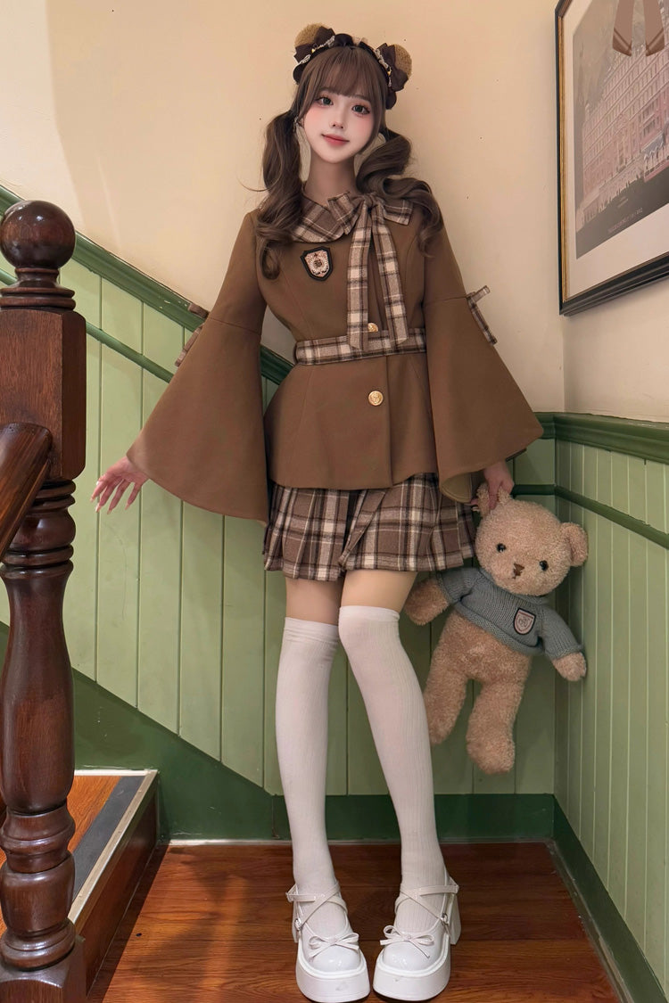 Trumpet-Sleeve Ruffled Bow Elegant Skirt Coat in 2 Colors - Chestnut Sea Salt