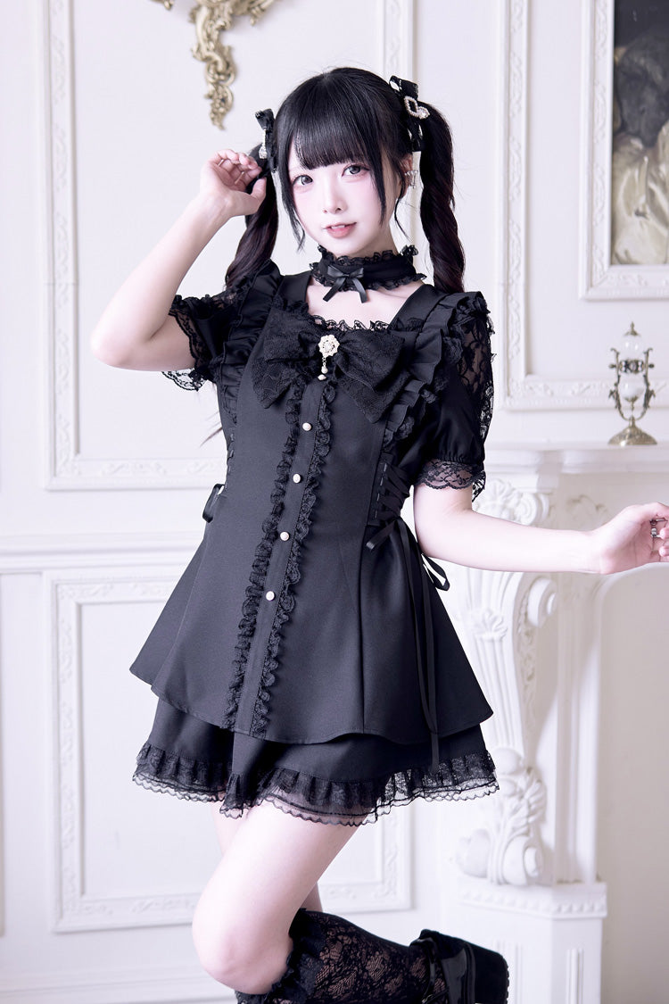 Noir Short Sleeve Ruffle Bow Gothic Jirai Kei Set - Waltz
