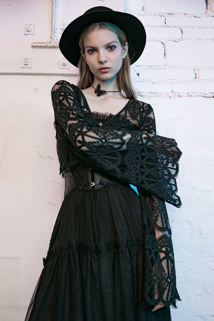 Sable Pendant Hollow Lace-Up Gothic Blouse for Women