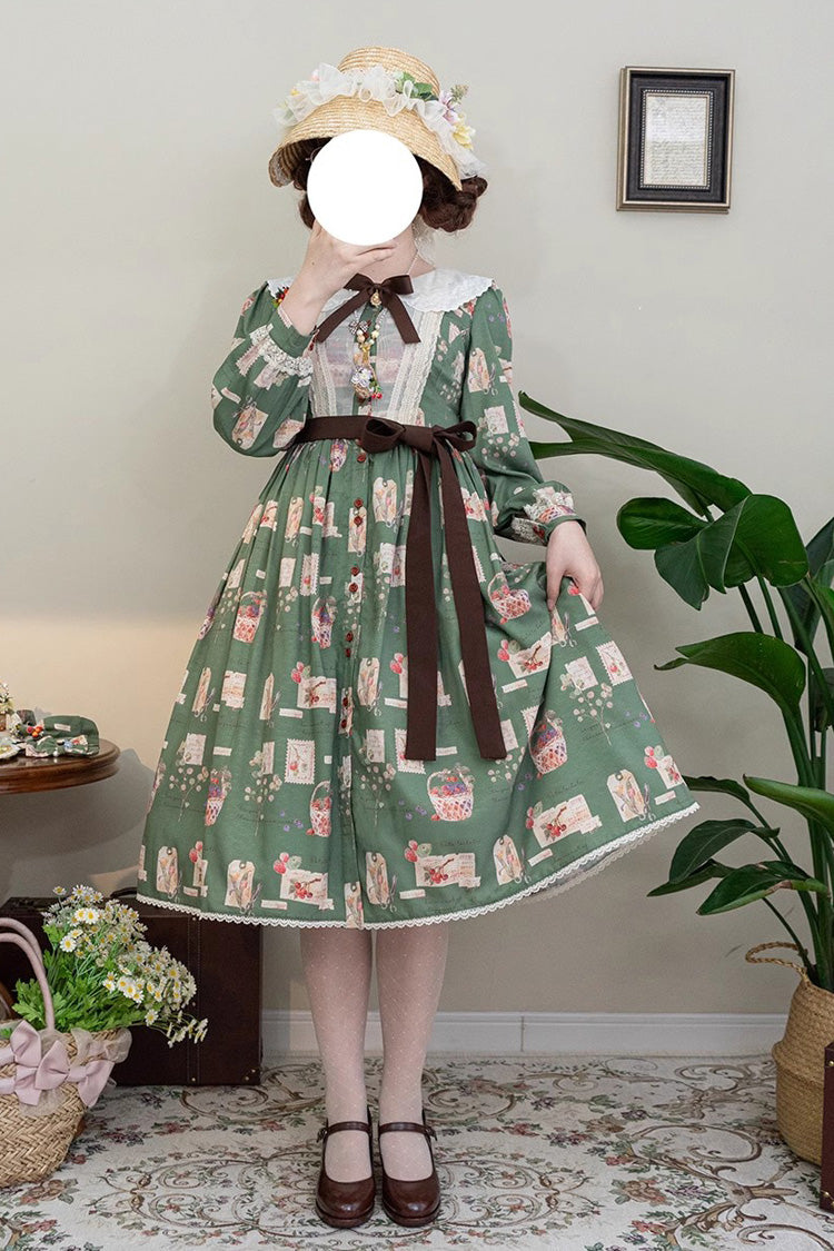 Lantern Sleeve OP Dress with Floral Print - Sweet Lolita