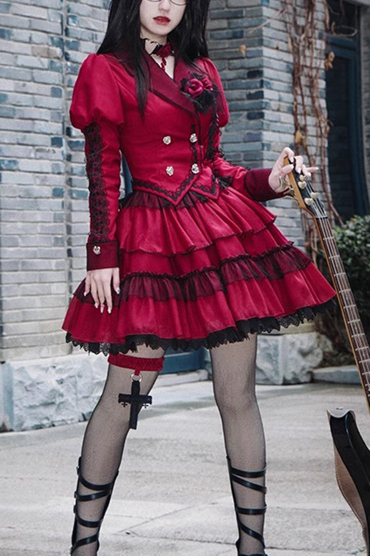 Red Gothic Punk Skirt Set with Removable Corsage and Long Sleeves