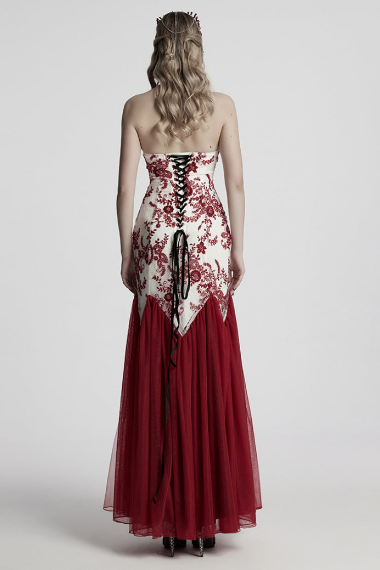 Crimson Off-Shoulder Embroidered Lace Slim Gothic Fishtail Gown