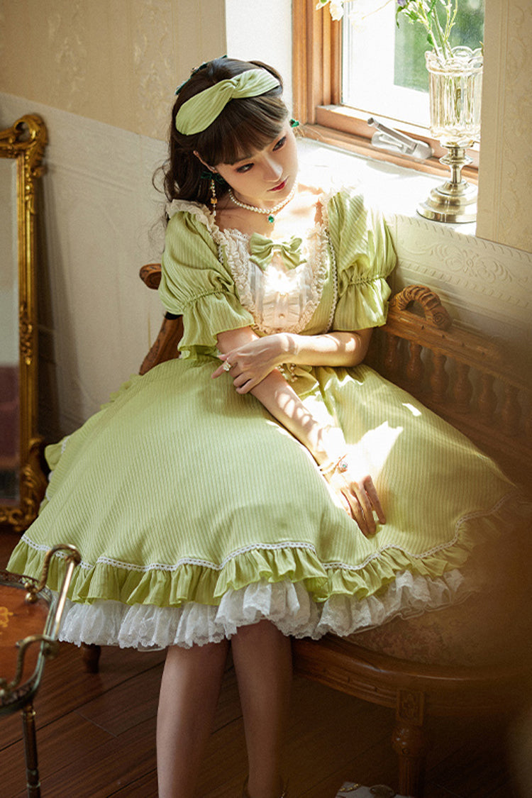 Solid Color Short-Sleeved Ruffled Bowknot Sweet OP