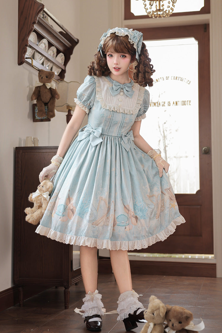 Underwater Concert Round Collar Short Sleeve Printed Bow Sweet Lolita Gown