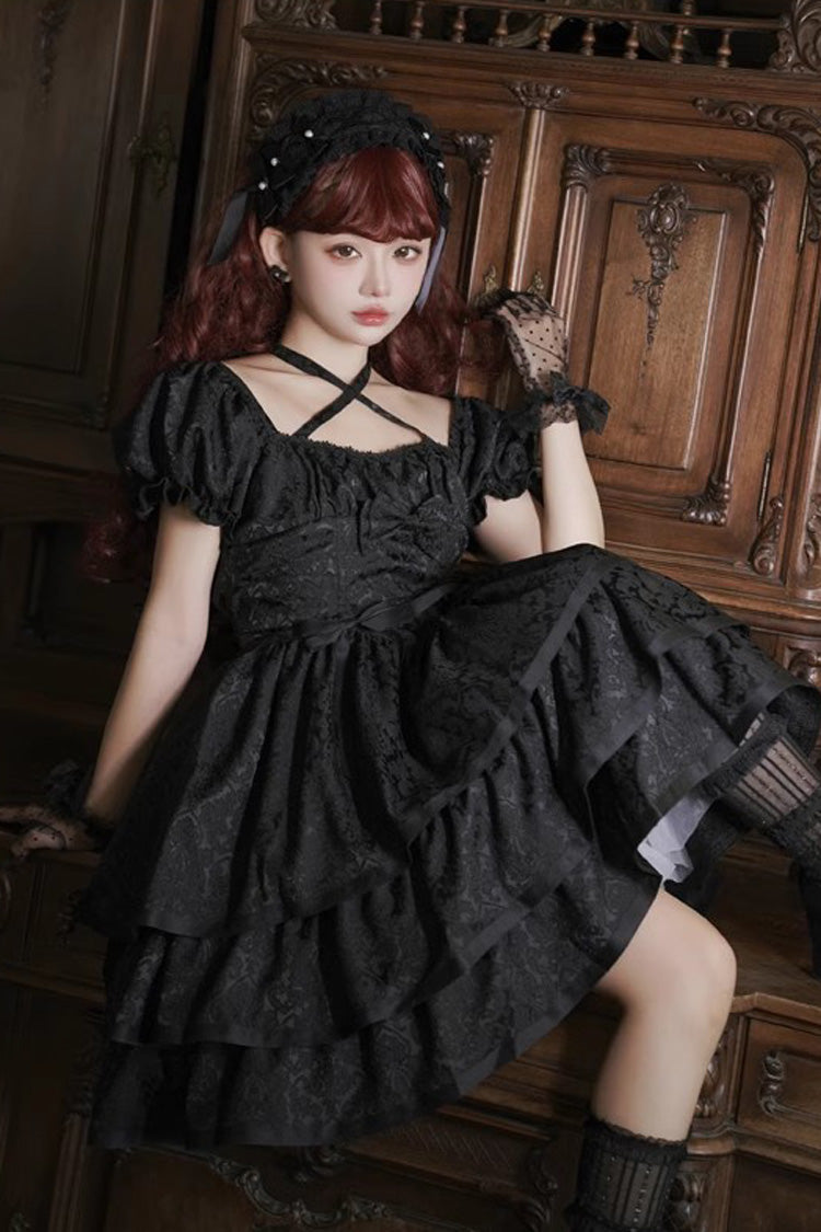 Short Sleeves Multi-layer Ruffle Bowknot Gothic Princess Lolita Dress