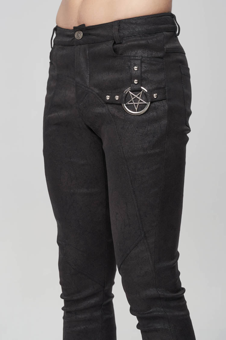Men's Punk Slim Pants with Metal Pentagram, Crackle Finish and Basic Funds