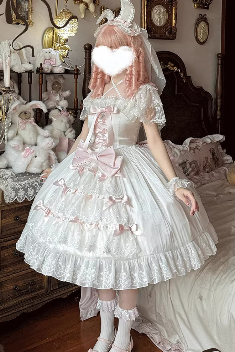 White Pink Snow of Love Ruffled Hanayome Open-Front Bow Lace Sweet Princess Dress