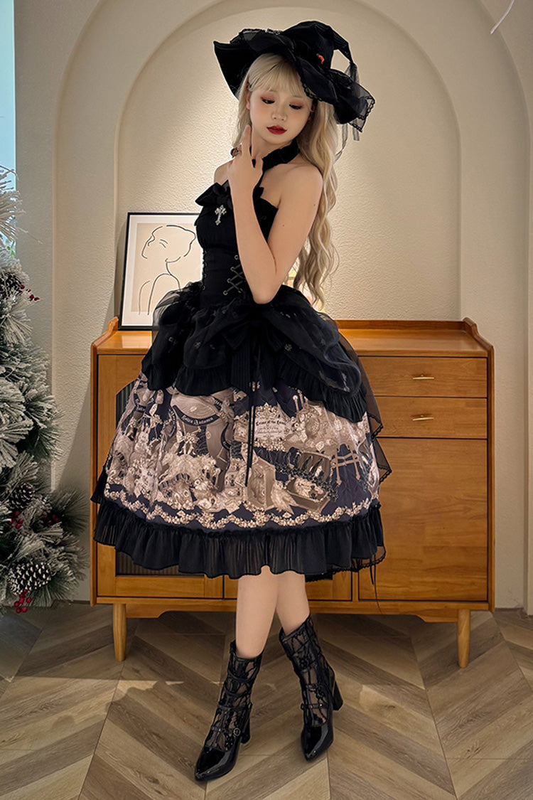 Noir Halter Neck Printed Ruffle Bow Drawstring Gothic Dress - The Mystery of The Doll