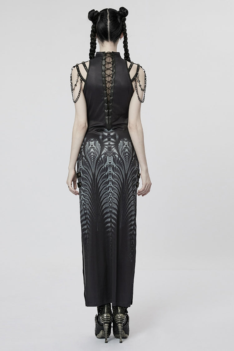 Black Printed Lace-Up Side Slit Gothic Gown with Chain