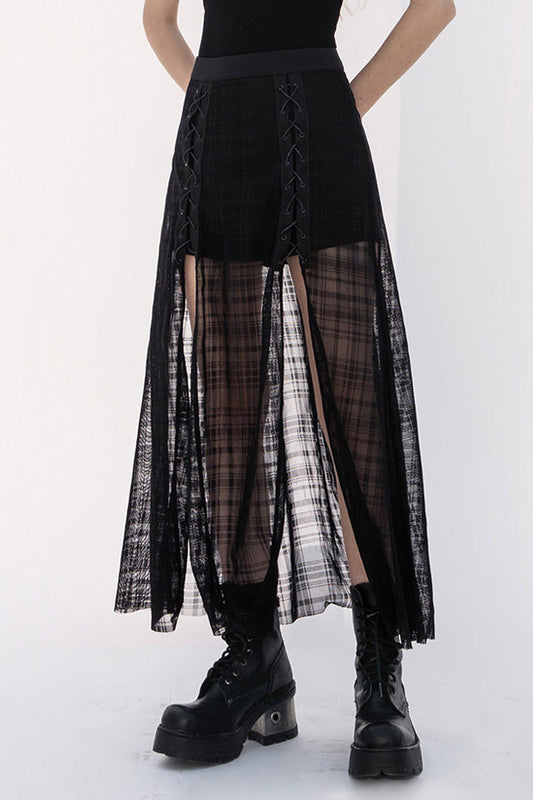 Punk Skirt for Women in Black with Metal Eyelets, Lace-Up & Slit Mesh Hem