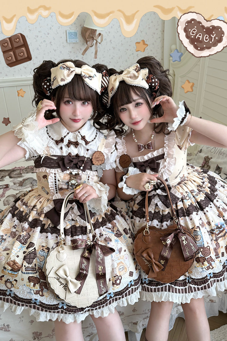 Square Collar Sleeveless Ruffled Bow Daily JSK Dress in 2 Colors - Chocolate Cake Party