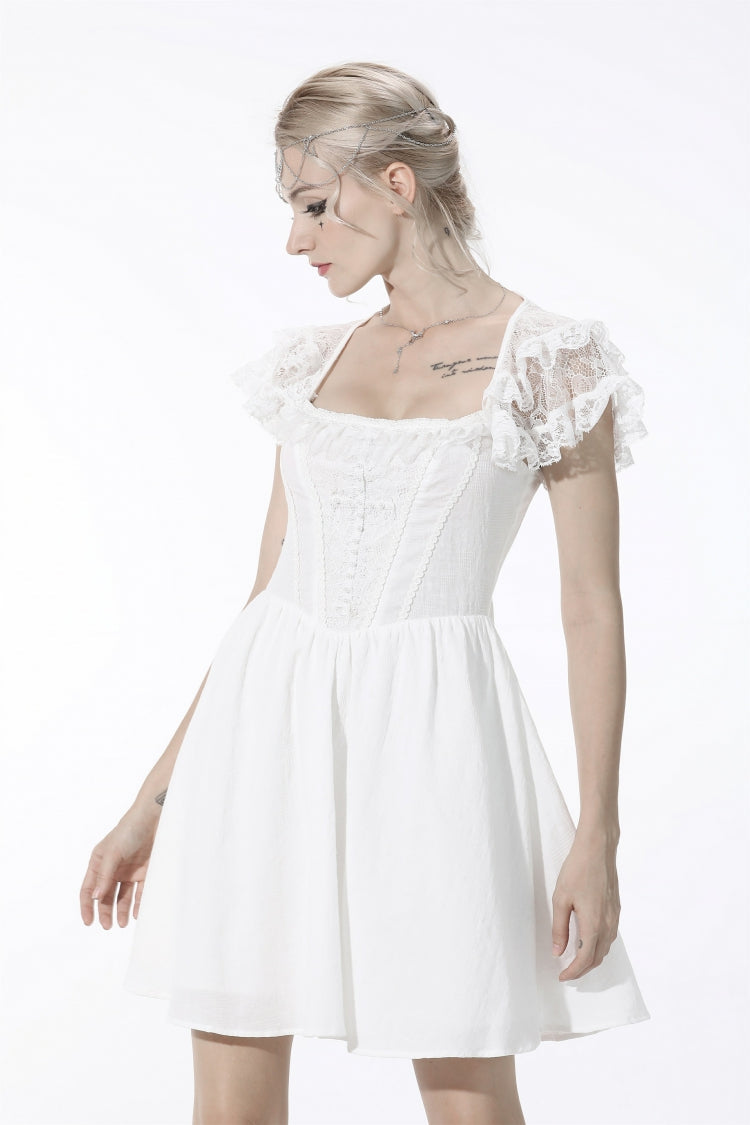Ivory Layered Lace Square Neckline Strappy Gothic Mini Dress for Women