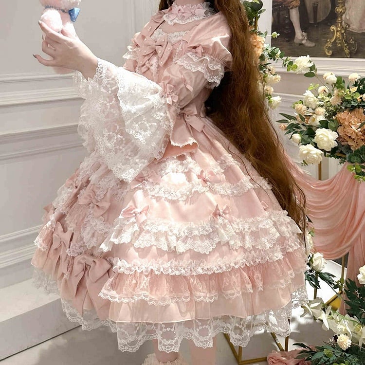 Sleeves Princess Bow Detachable with Dress Sweet High Waist Accents Lolita Pink