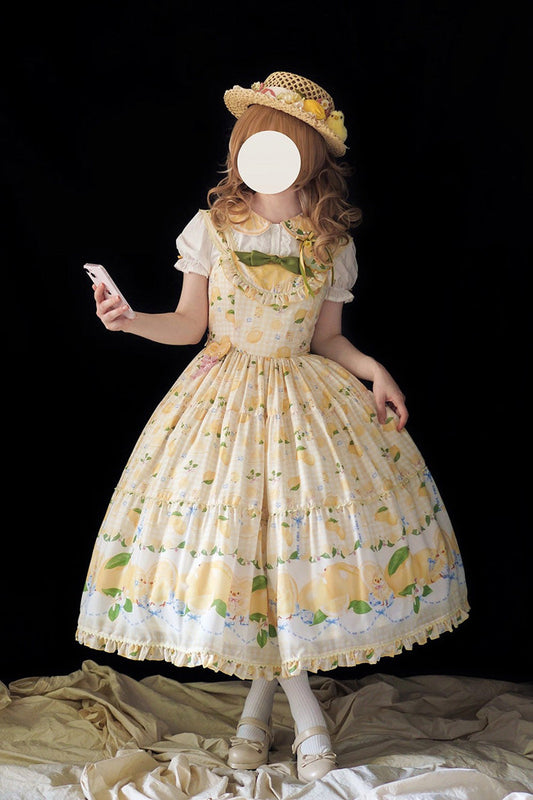 Sunshine Printed Ruffle Bow Lace Sweet Long Jumper - Lemon Chicken